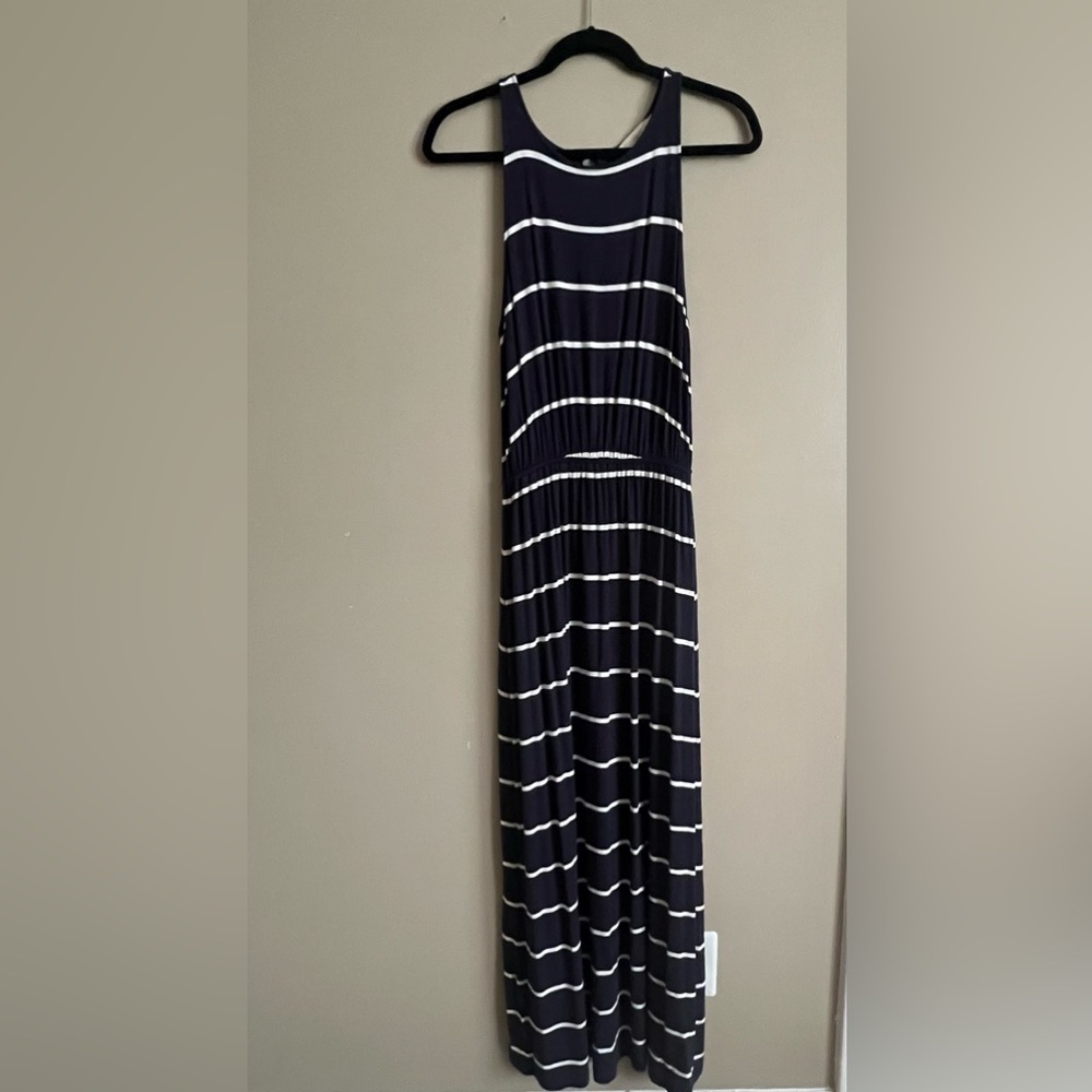 LOFT Navy and Cream Striped Maxi Dress